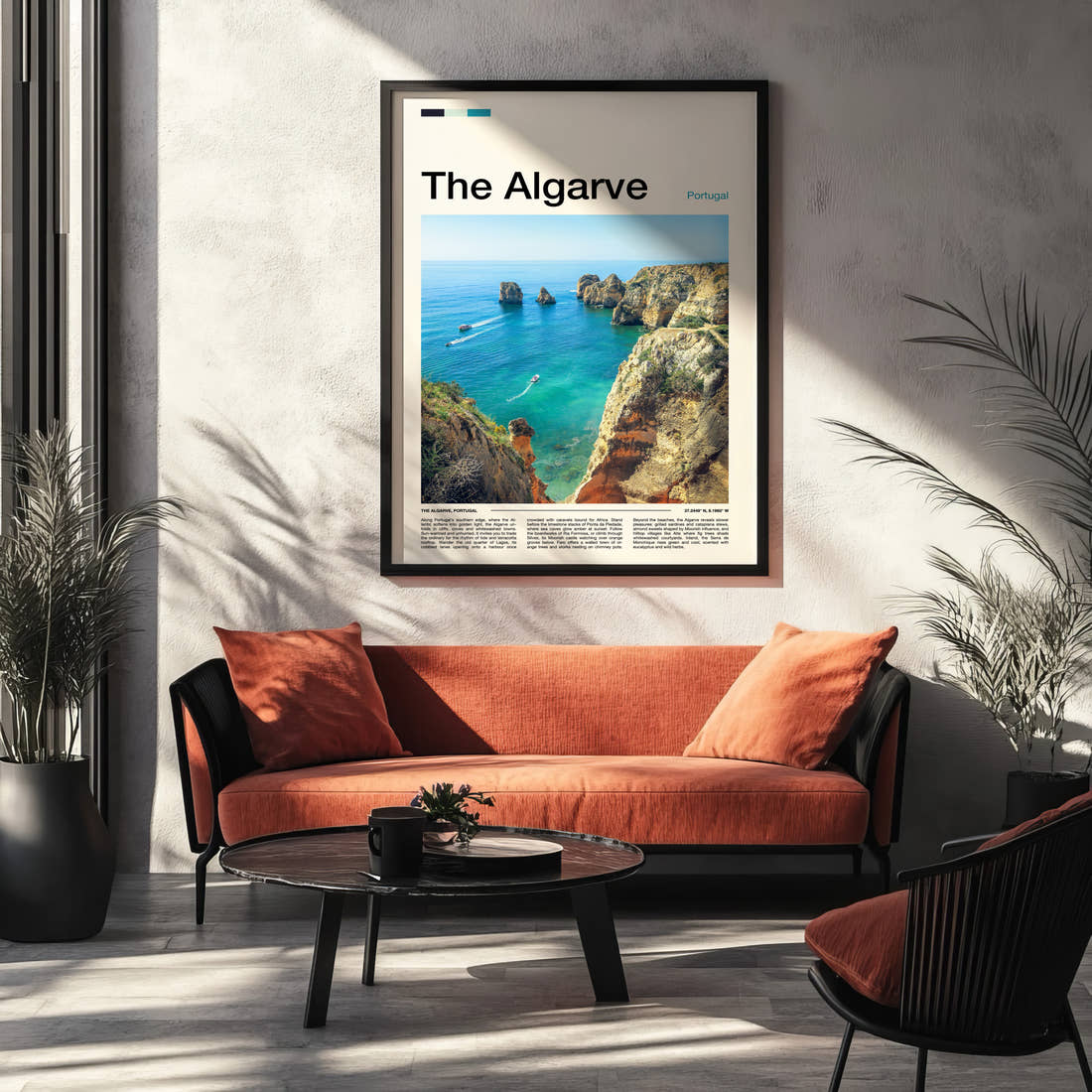 The Algarve Limestone Cliffs And Cove Travel Print framed on the wall of a modern living room