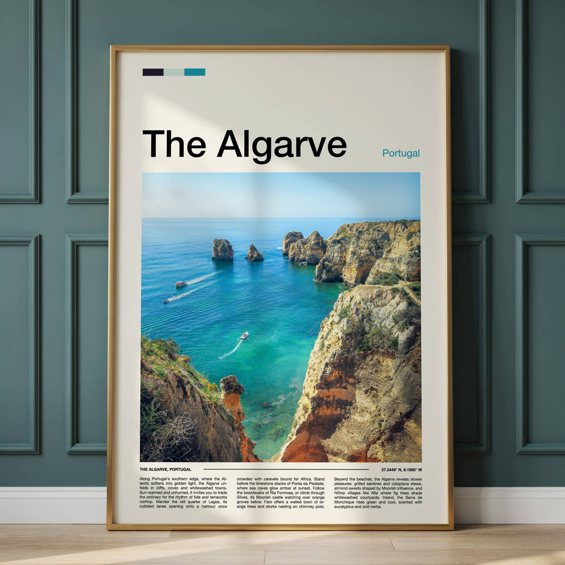 The Algarve Limestone Cliffs And Cove Travel Print framed on the wall of a calm, neutral bedroom