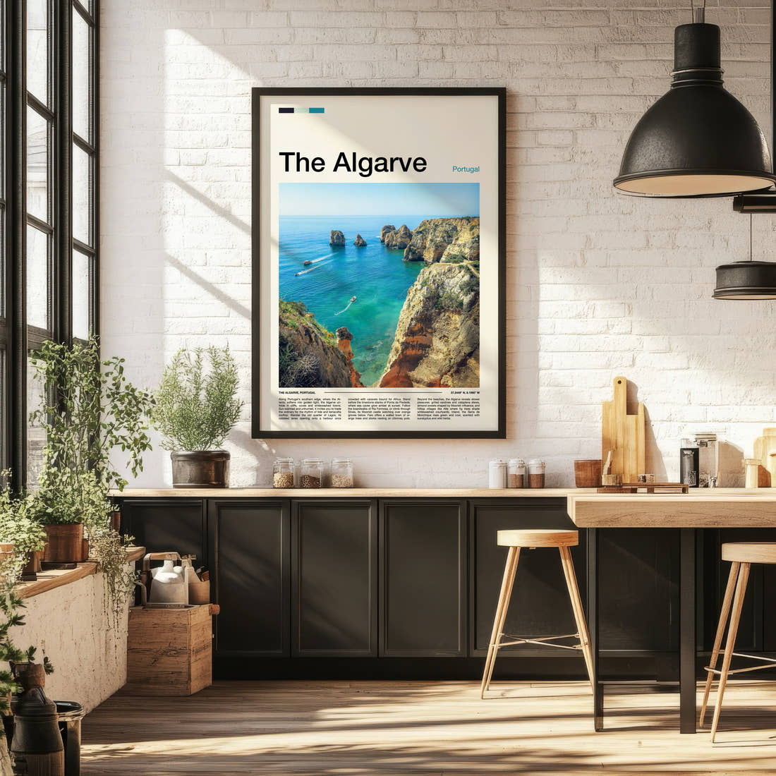 The Algarve Limestone Cliffs And Cove Travel Print framed on the wall of a bright kitchen and dining space