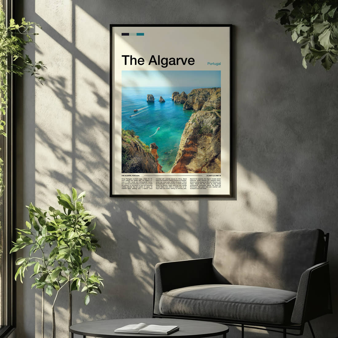 The Algarve Limestone Cliffs And Cove Travel Print framed on the wall of a relaxed living room