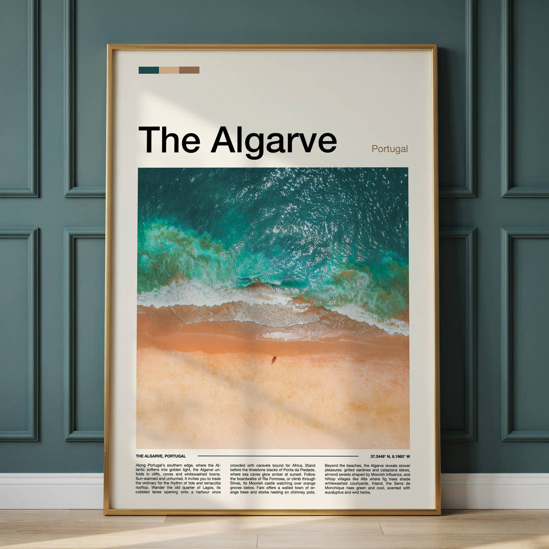 The Algarve Aerial Coastal Waves Travel Print framed on the wall of a calm, neutral bedroom