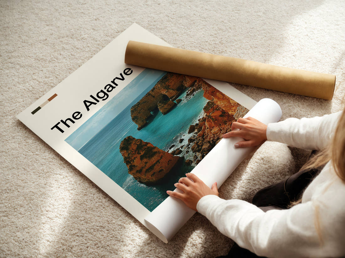 The Algarve Limestone Sea Cliffs Travel Print being unrolled from its postal tube