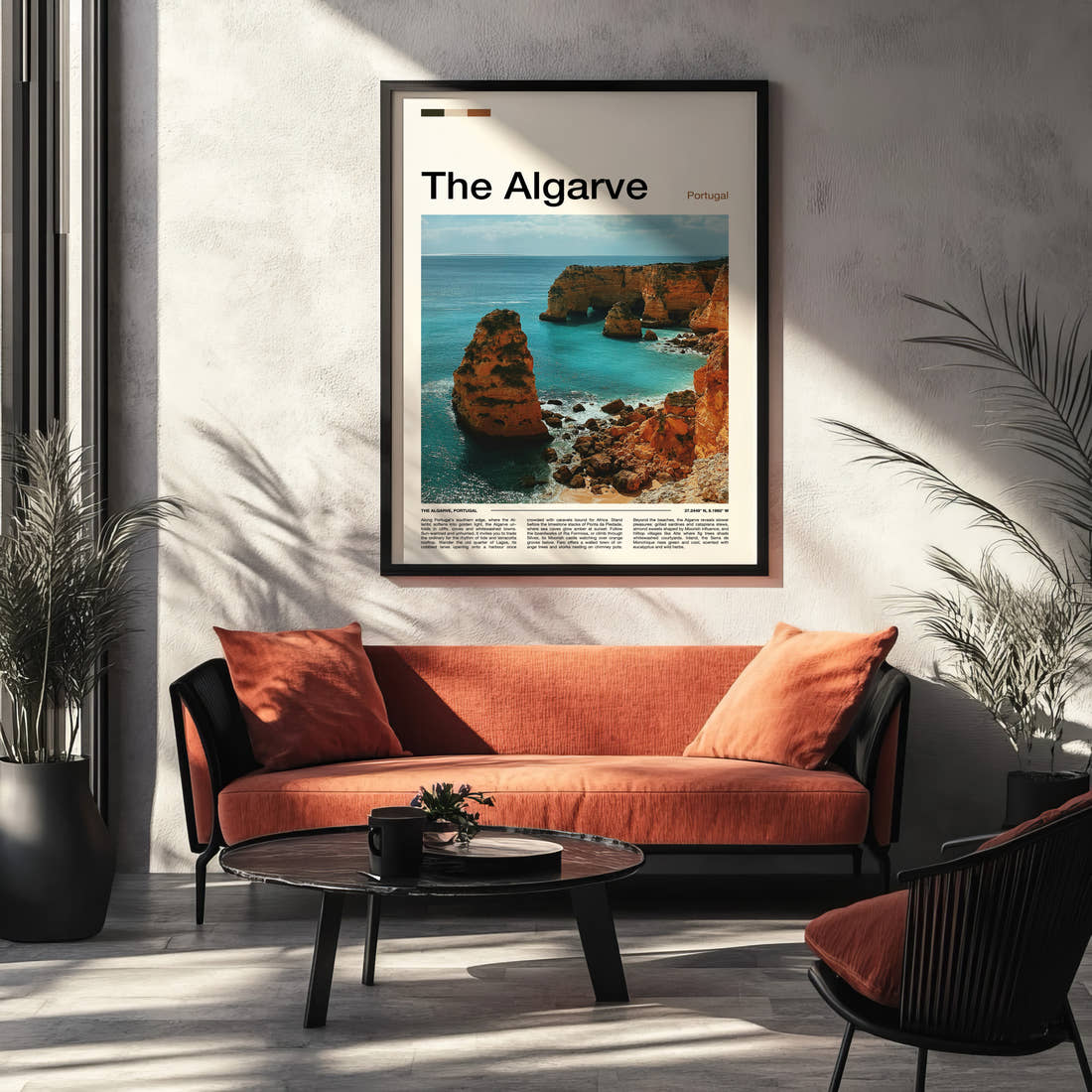 The Algarve Limestone Sea Cliffs Travel Print framed on the wall of a modern living room