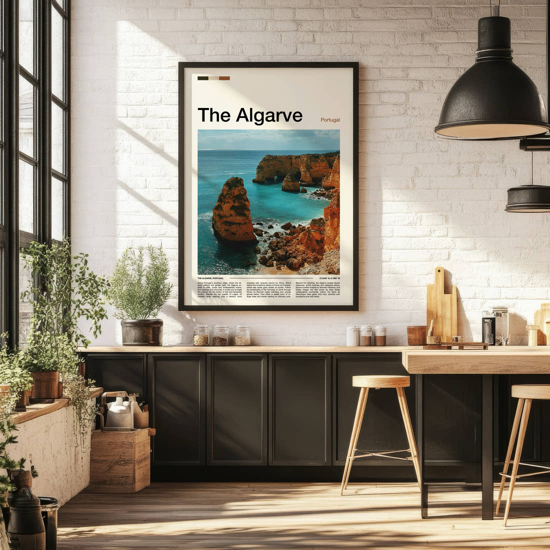 The Algarve Limestone Sea Cliffs Travel Print framed on the wall of a bright kitchen and dining space