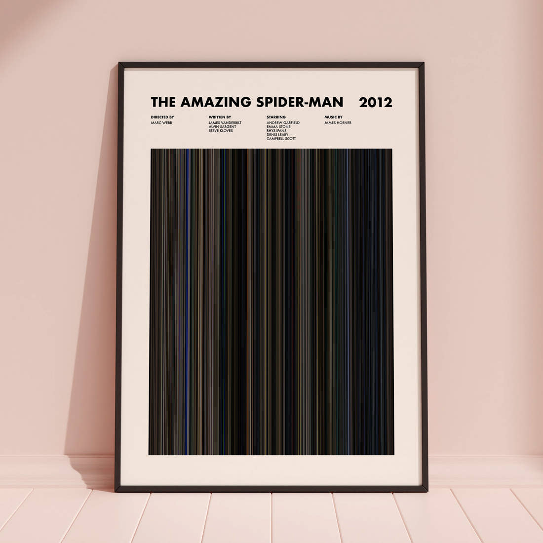 The Amazing Spider-Man Movie Barcode Poster framed and leaning against a coloured wall