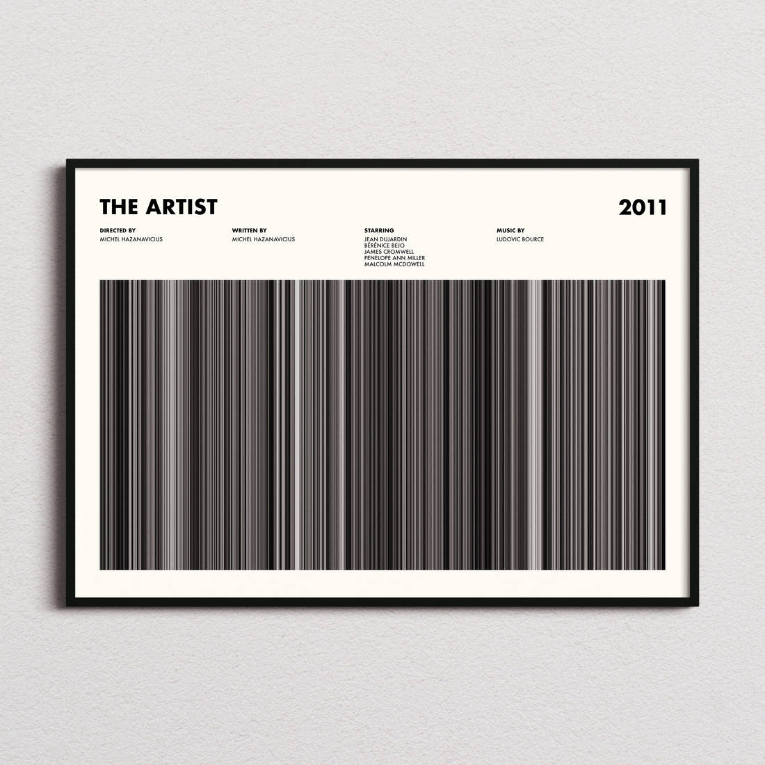 The Artist Movie Barcode Poster framed and photographed straight on