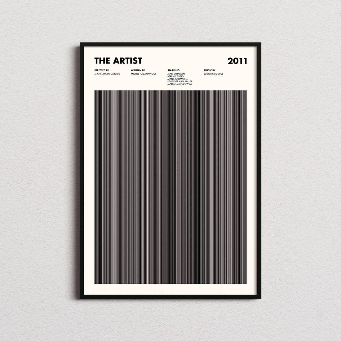 The Artist Movie Barcode Poster framed on a plain studio wall