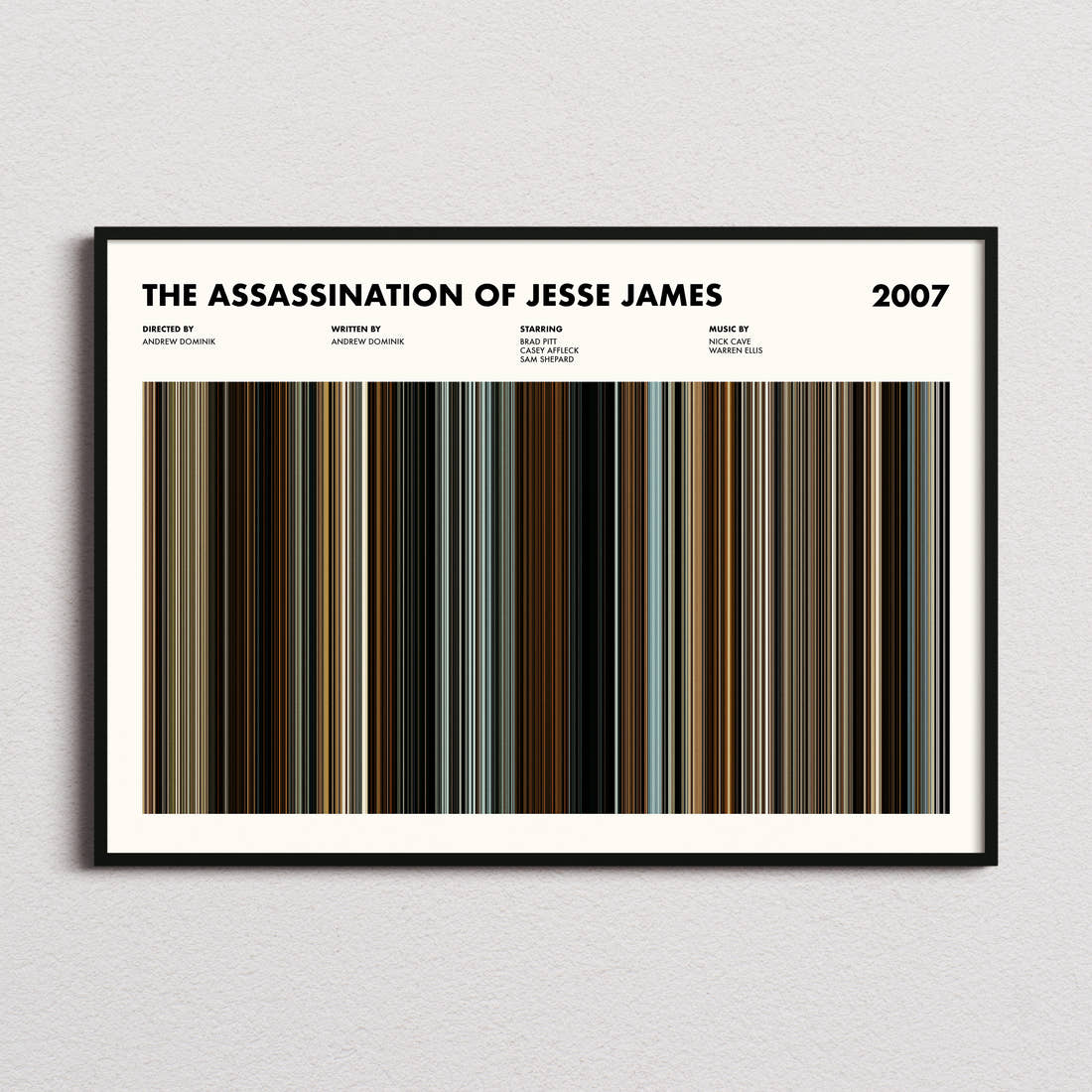The Assassination of Jesse James Movie Barcode Poster framed and photographed straight on