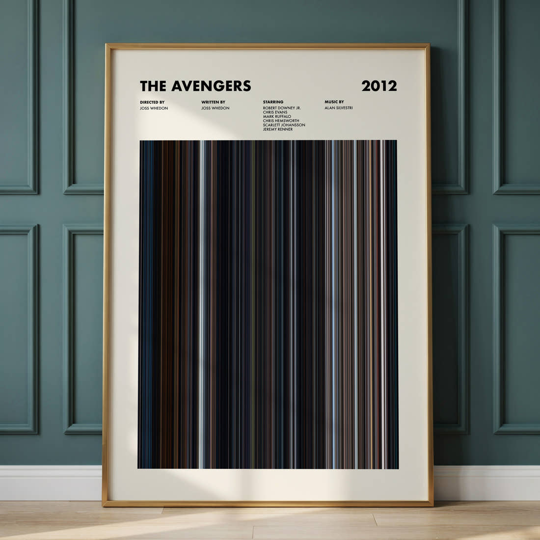 The Avengers Movie Barcode Poster framed and leaning against a panelled wall