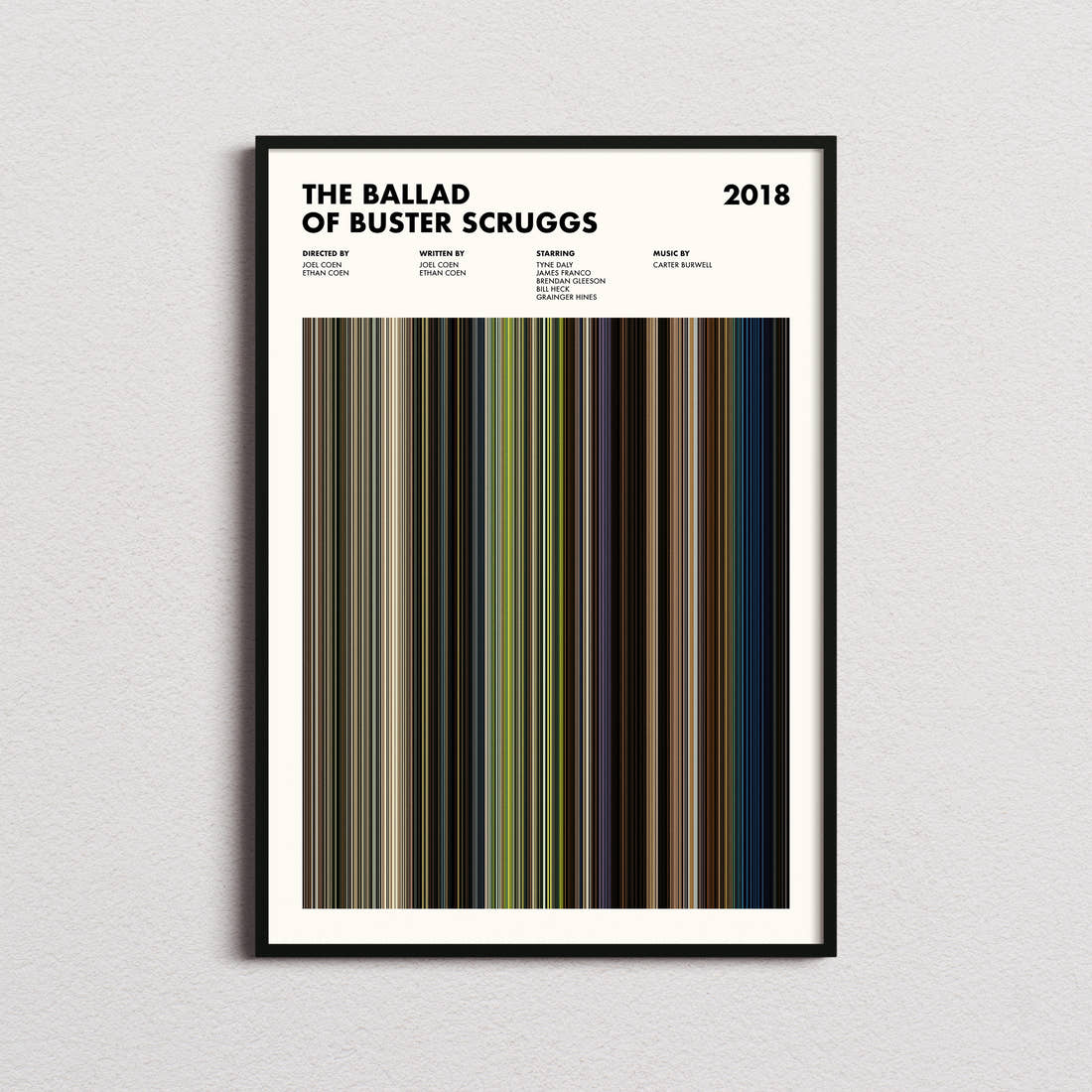 The Ballad of Buster Scruggs Movie Barcode Poster framed on a plain studio wall