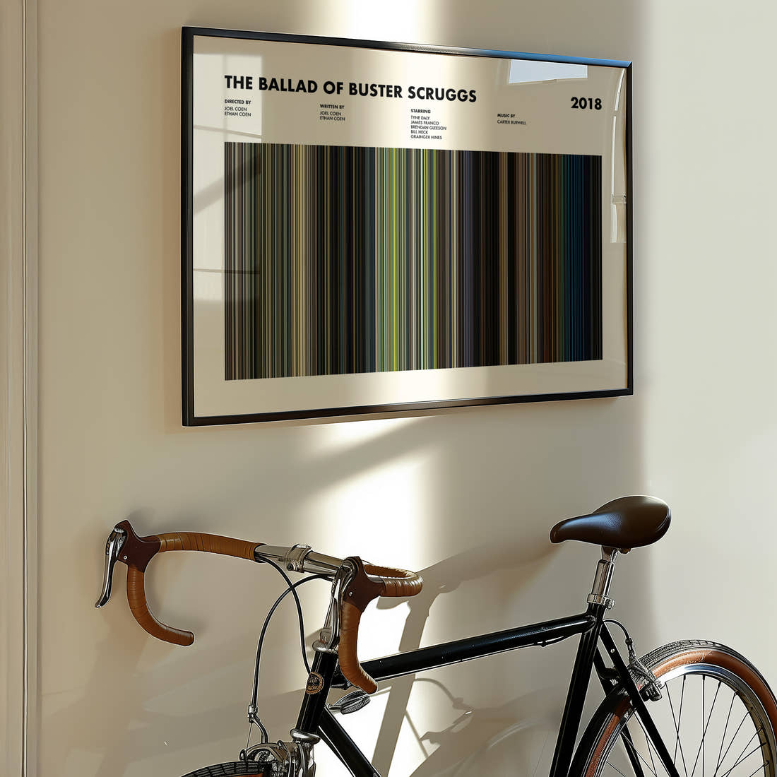 The Ballad of Buster Scruggs Movie Barcode Poster framed on the wall of a styled room setting
