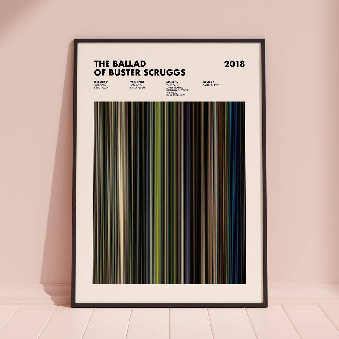 The Ballad of Buster Scruggs Movie Barcode Poster framed and leaning against a coloured wall