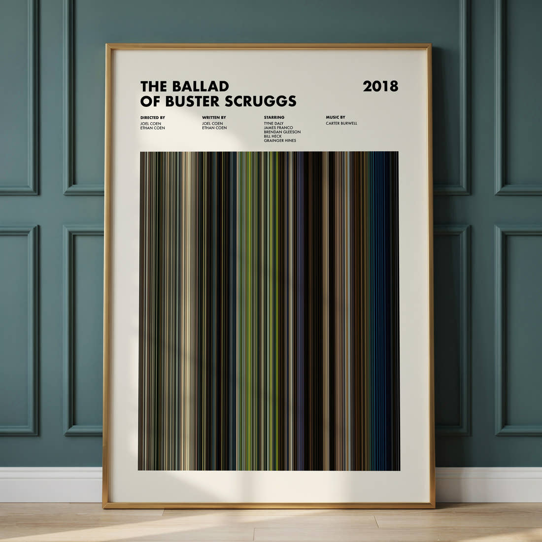 The Ballad of Buster Scruggs Movie Barcode Poster framed and leaning against a panelled wall