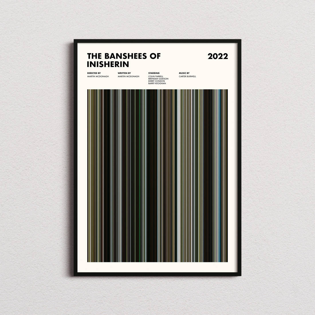 The Banshees of Inisherin Movie Barcode Poster framed on a plain studio wall