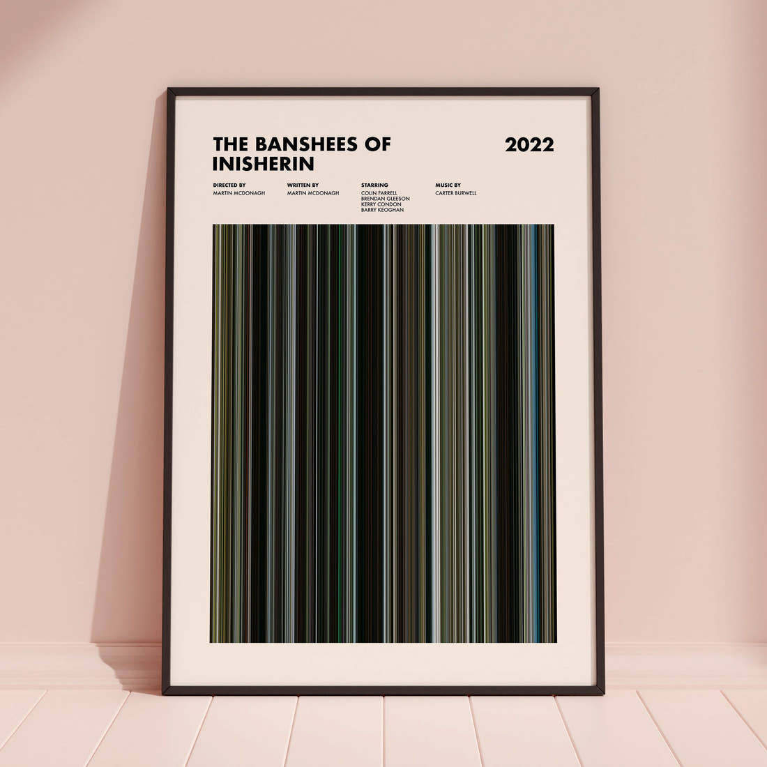 The Banshees of Inisherin Movie Barcode Poster framed and leaning against a coloured wall