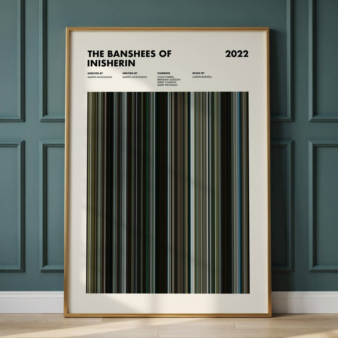 The Banshees of Inisherin Movie Barcode Poster framed and leaning against a panelled wall