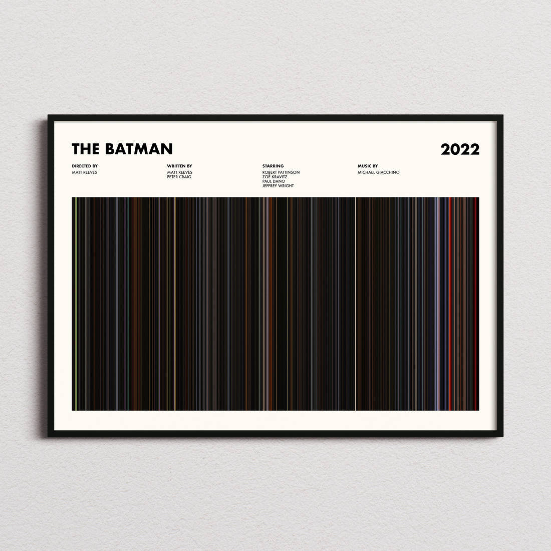 The Batman Movie Barcode Poster framed and photographed straight on