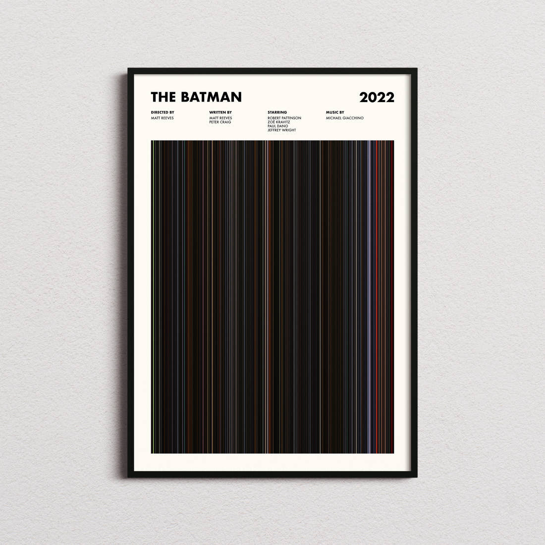 The Batman Movie Barcode Poster framed on a plain studio wall