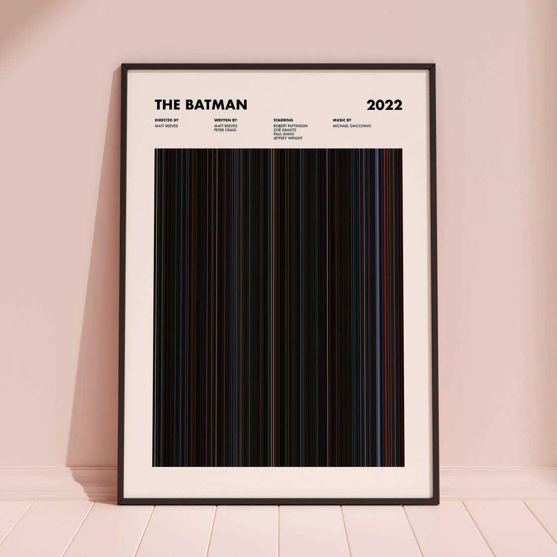 The Batman Movie Barcode Poster framed and leaning against a coloured wall