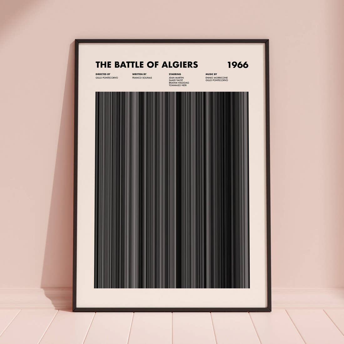 The Battle Of Algiers Movie Barcode Poster framed and leaning against a coloured wall