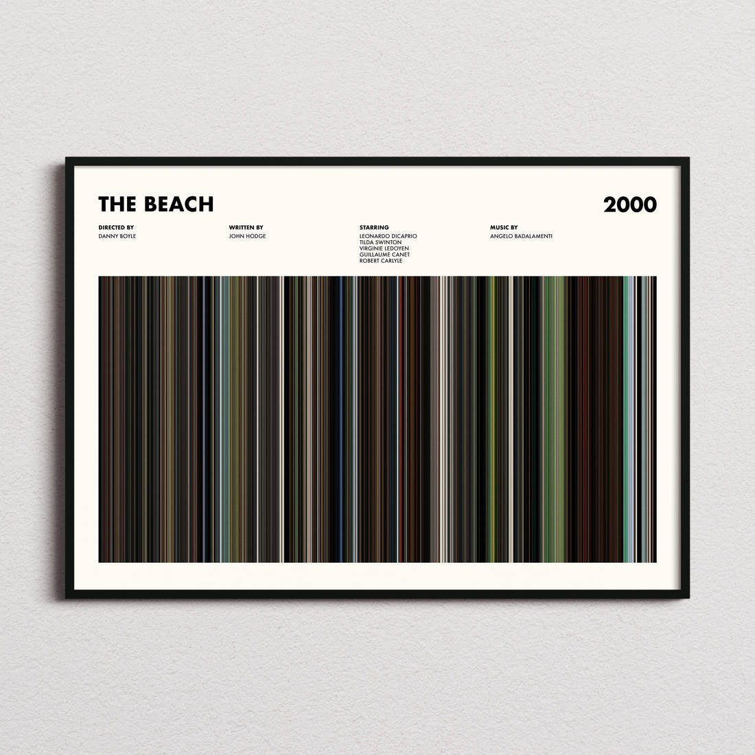 The Beach Movie Barcode Poster framed and photographed straight on