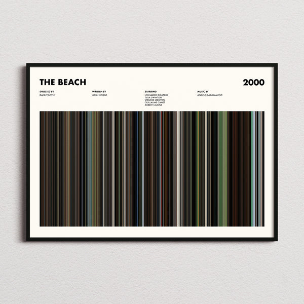 The Beach Movie Barcode Poster framed and photographed straight on
