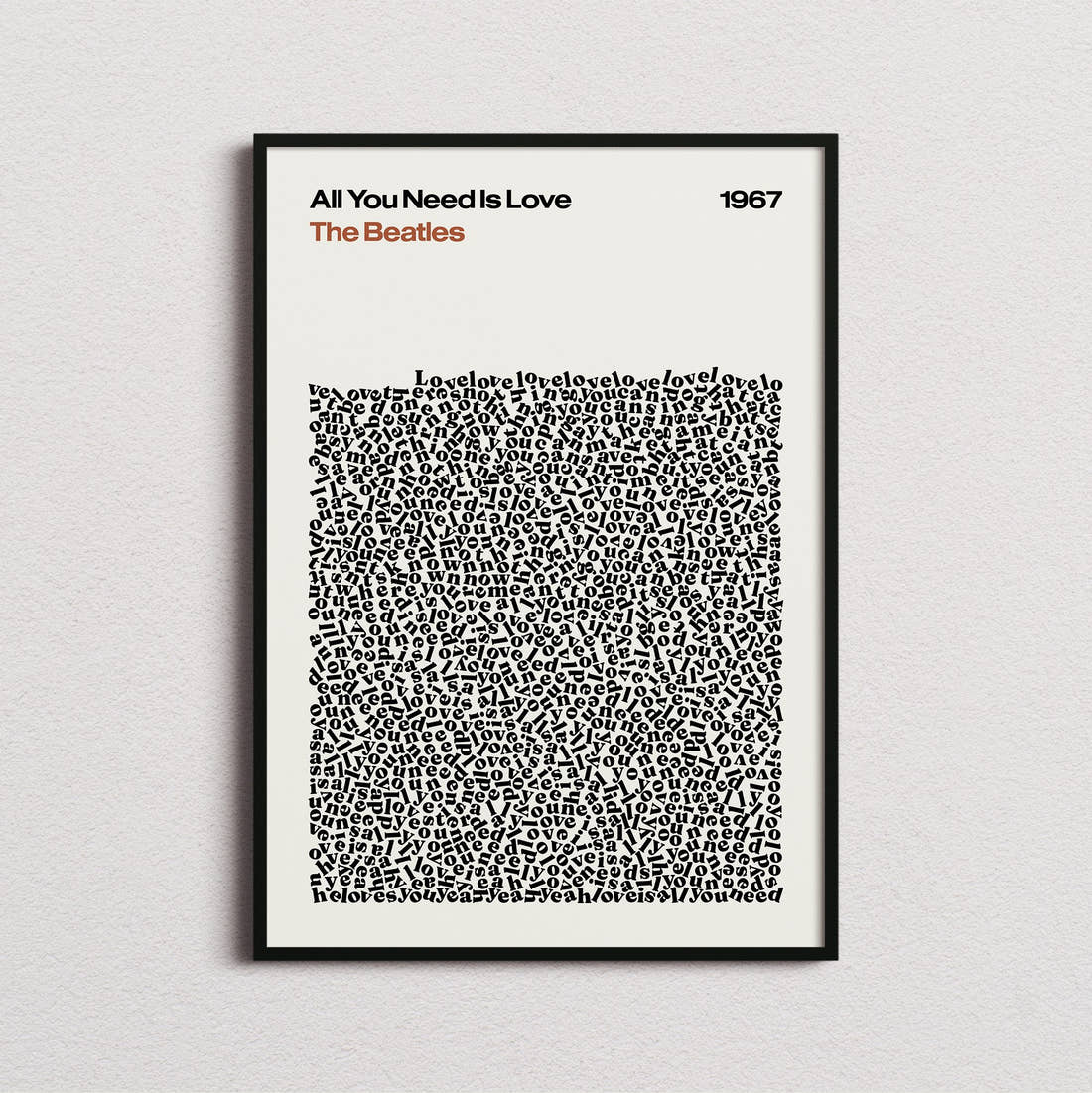 The Beatles All You Need Is Love Lyric Print in the cream colourway, framed