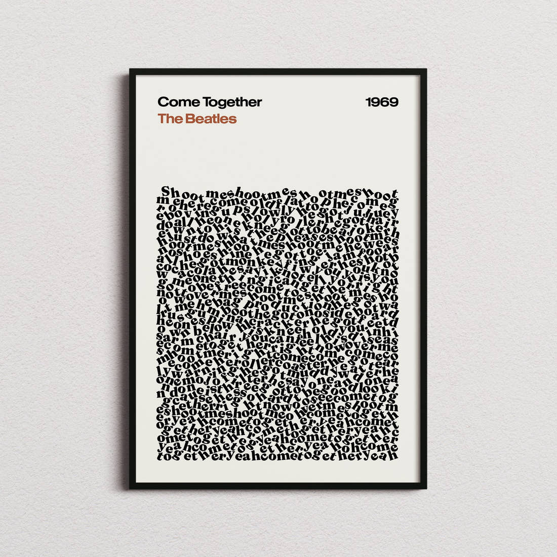 The Beatles Come Together Lyric Print in the cream colourway, framed