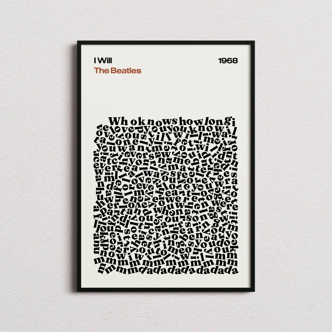 The Beatles I Will Lyric Print in the cream colourway, framed