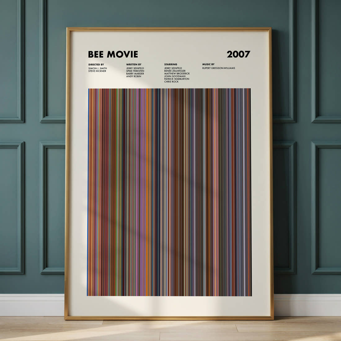 Bee Movie Movie Barcode Poster framed and leaning against a panelled wall