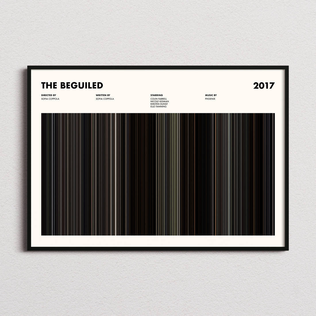 The Beguiled Movie Barcode Poster framed and photographed straight on