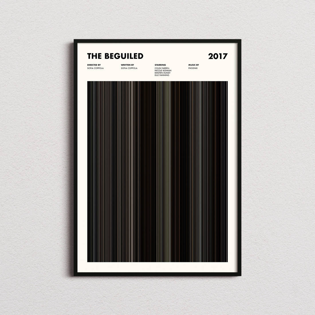 The Beguiled Movie Barcode Poster framed on a plain studio wall