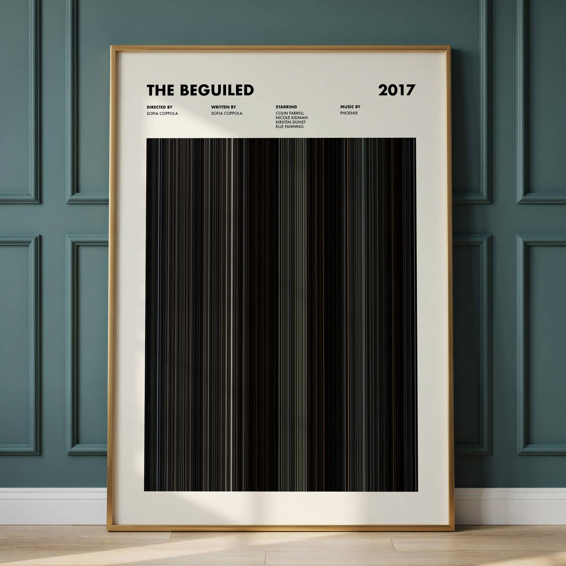 The Beguiled Movie Barcode Poster framed and leaning against a panelled wall