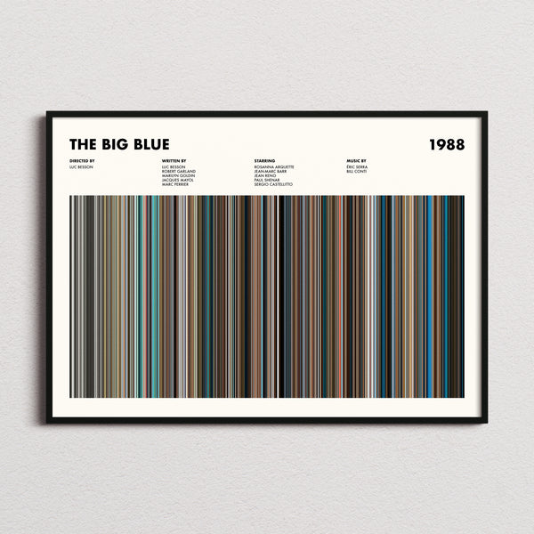 The Big Blue Movie Barcode Poster framed and photographed straight on