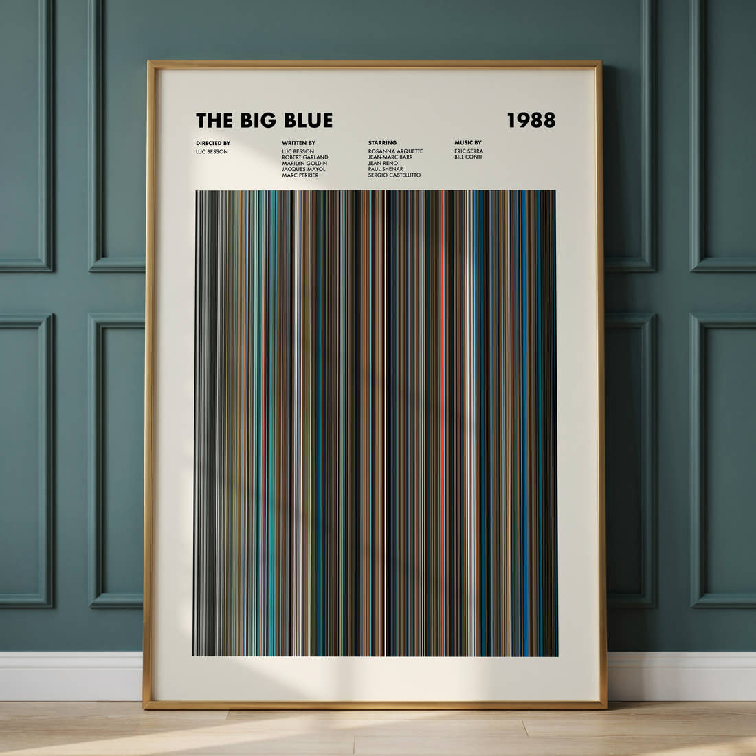 The Big Blue Movie Barcode Poster framed and leaning against a panelled wall