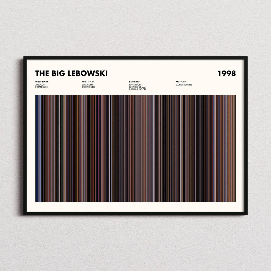 The Big Lebowski Movie Barcode Poster framed and photographed straight on