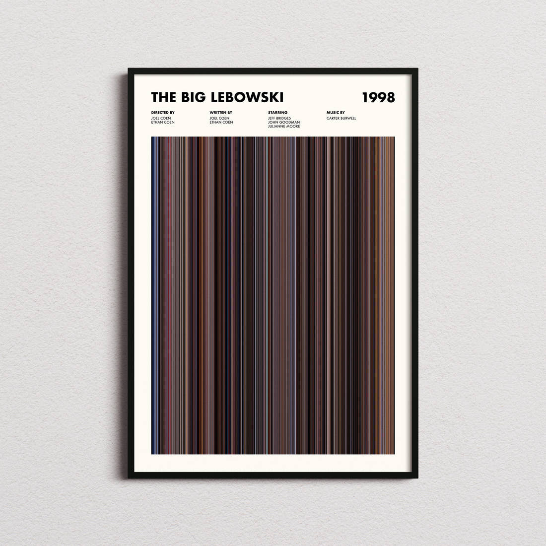 The Big Lebowski Movie Barcode Poster framed on a plain studio wall