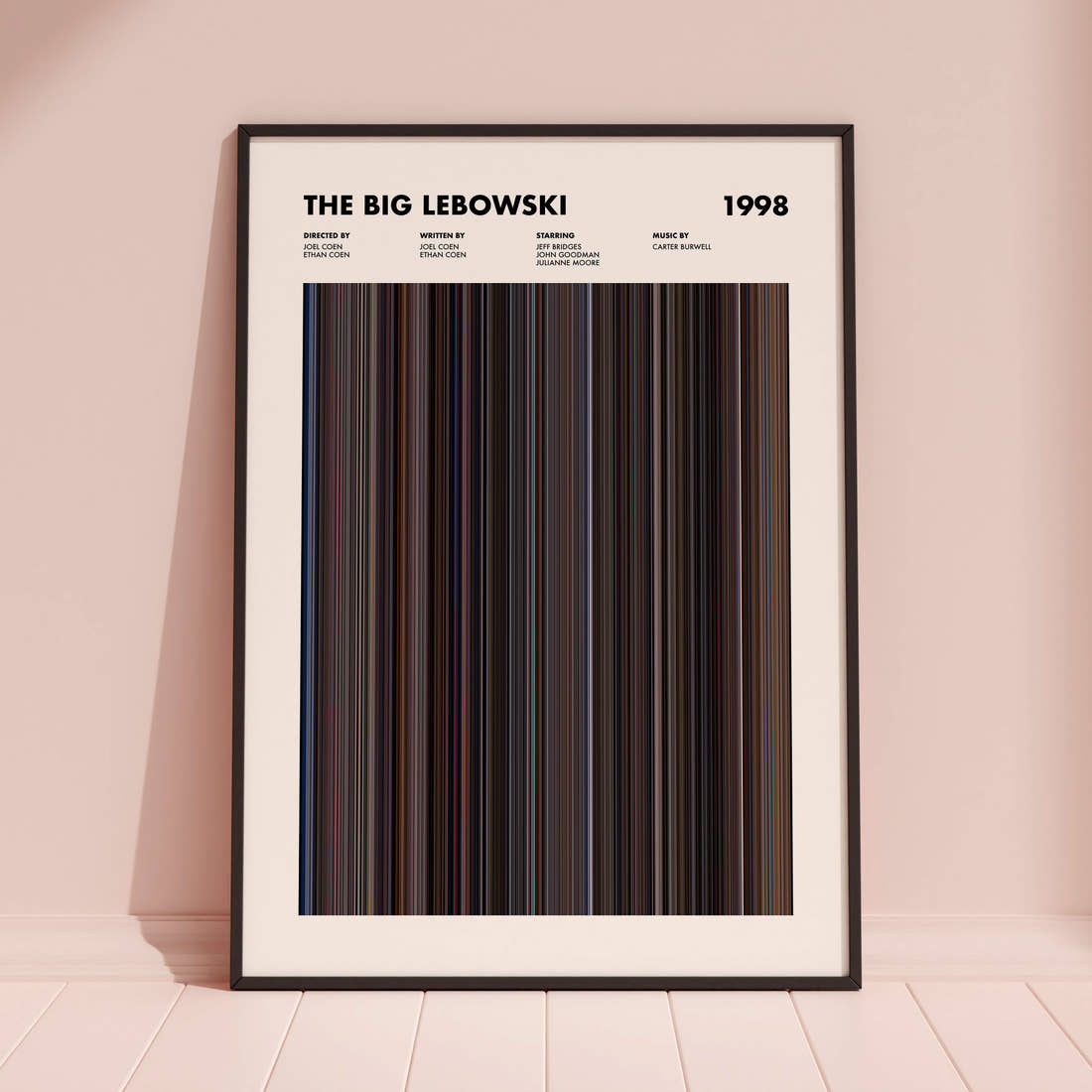 The Big Lebowski Movie Barcode Poster framed and leaning against a coloured wall