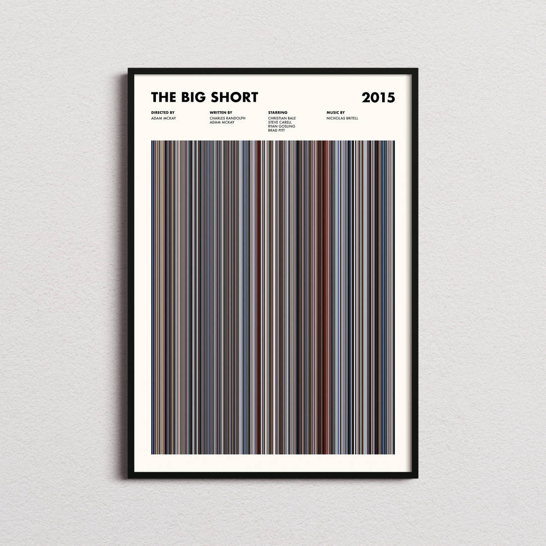 The Big Short Movie Barcode Poster framed on a plain studio wall