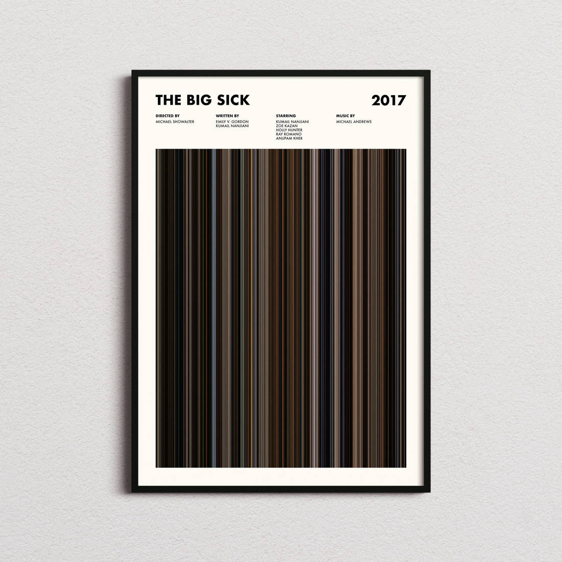 The Big Sick Movie Barcode Poster framed on a plain studio wall