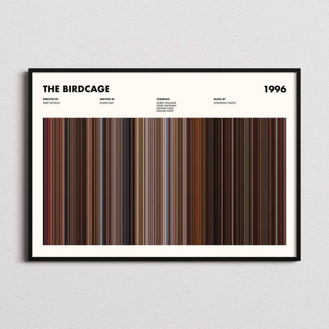 The Birdcage Movie Barcode Poster framed and photographed straight on