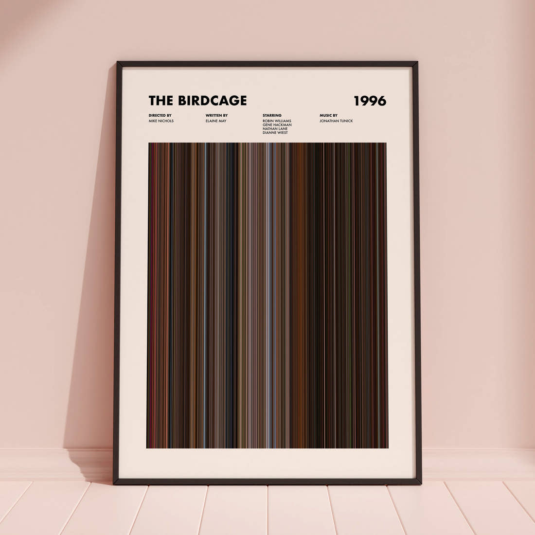 The Birdcage Movie Barcode Poster framed and leaning against a coloured wall