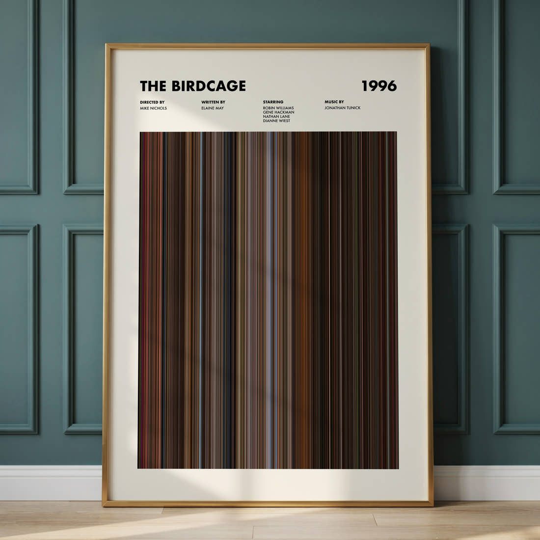 The Birdcage Movie Barcode Poster framed and leaning against a panelled wall