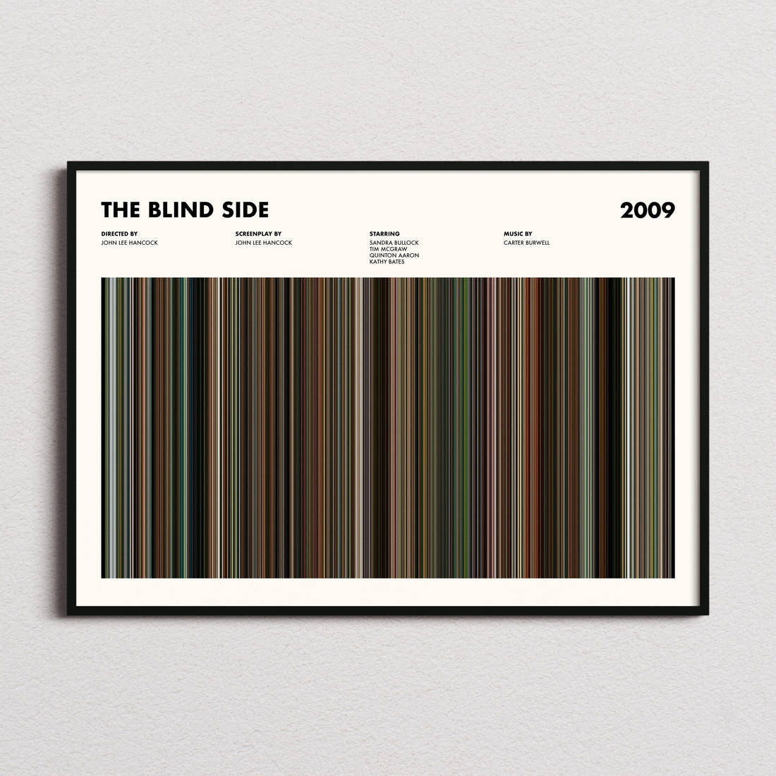 The Blind Side Movie Barcode Poster framed and photographed straight on