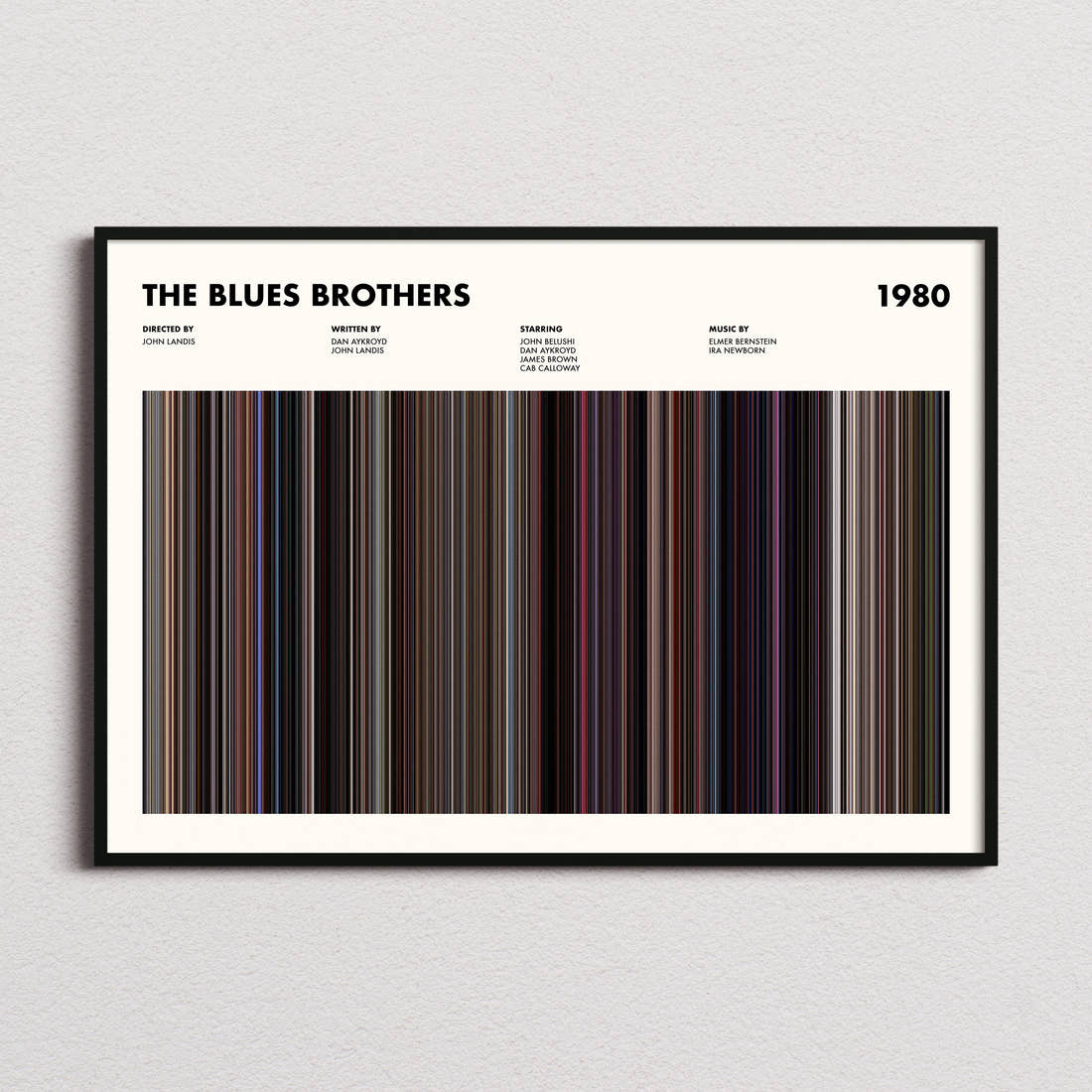 The Blues Brothers Movie Barcode Poster framed and photographed straight on
