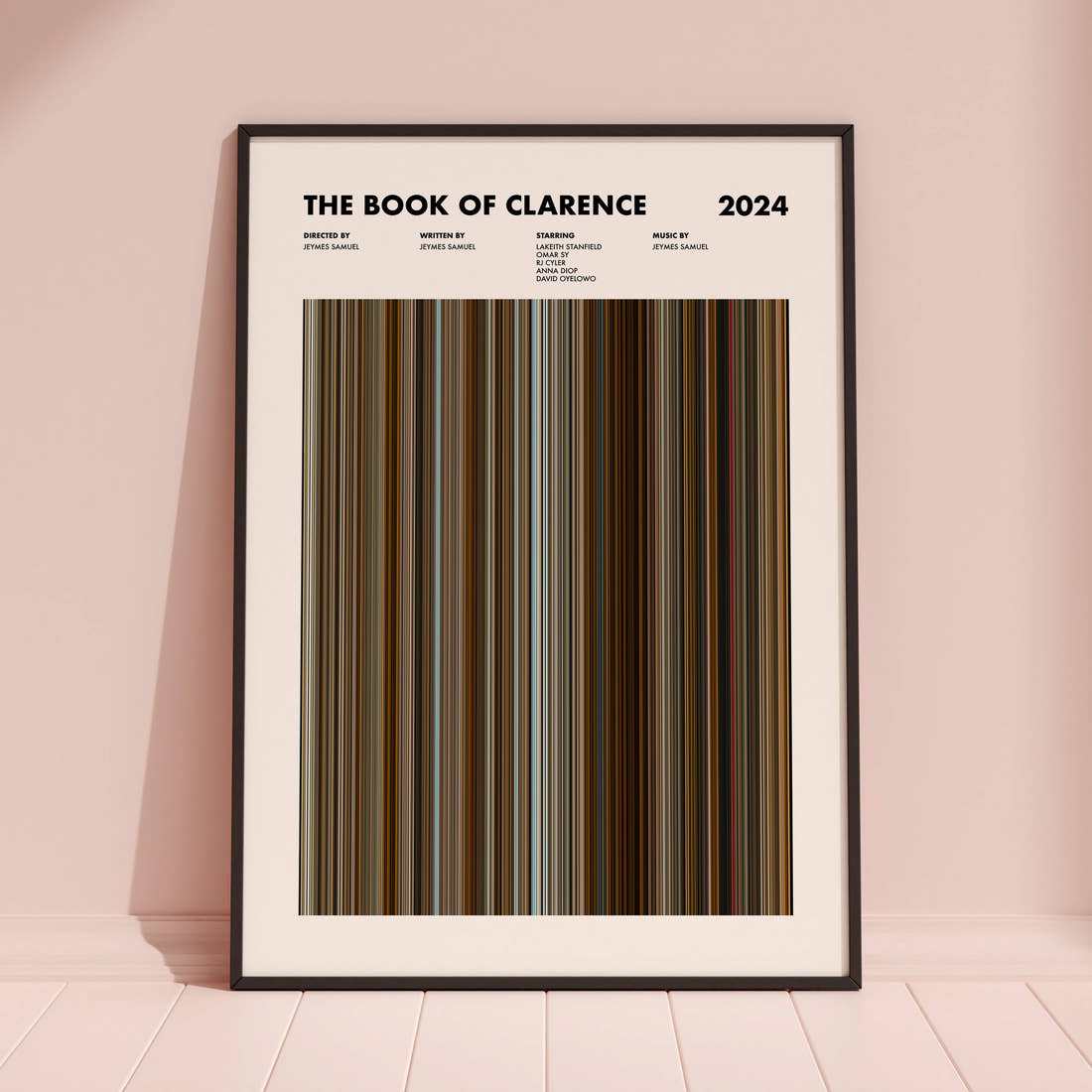 The Book of Clarence Movie Barcode Poster framed and leaning against a coloured wall