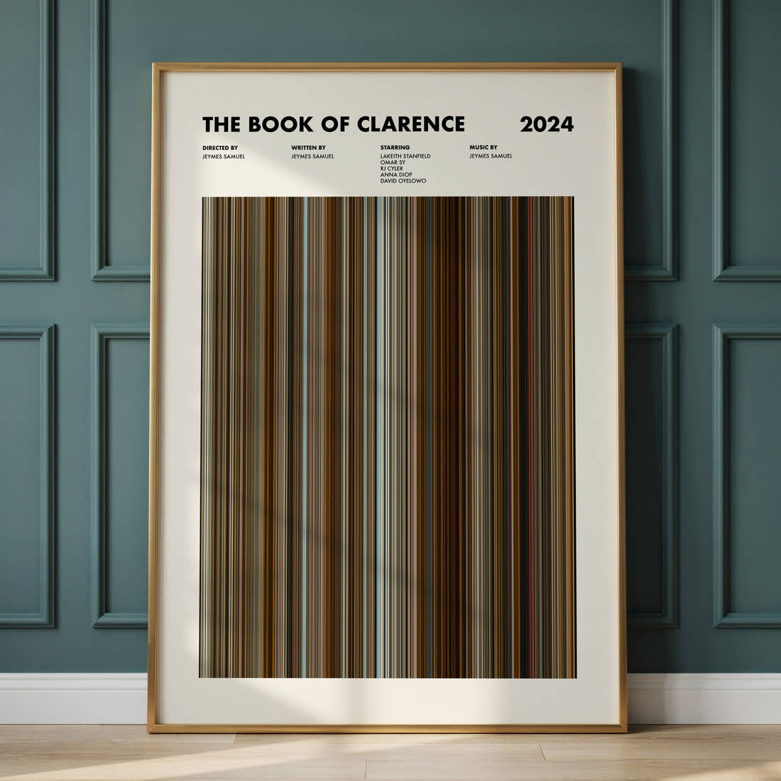 The Book of Clarence Movie Barcode Poster framed and leaning against a panelled wall