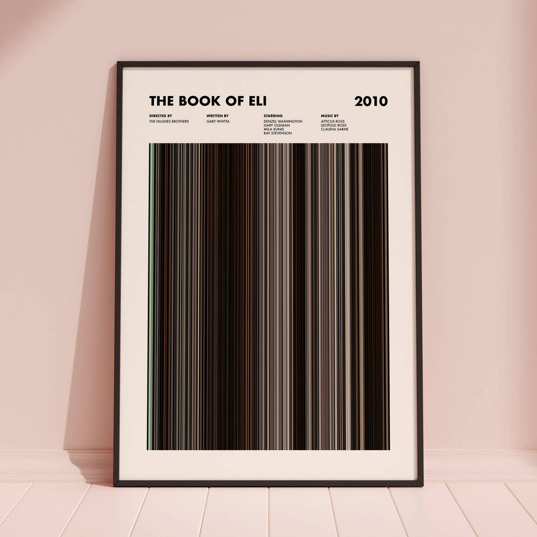 The Book Of Eli Movie Barcode Poster framed and leaning against a coloured wall