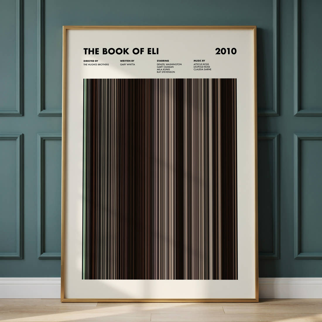 The Book Of Eli Movie Barcode Poster framed and leaning against a panelled wall