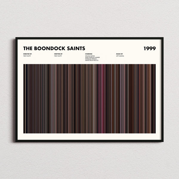The Boondock Saints Movie Barcode Poster framed and photographed straight on